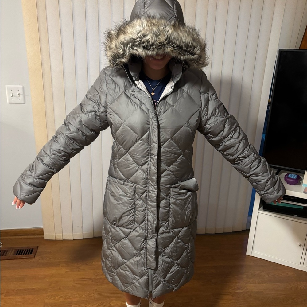 The North Face Women's Silver Puffer Coat with Faux Fur Hood